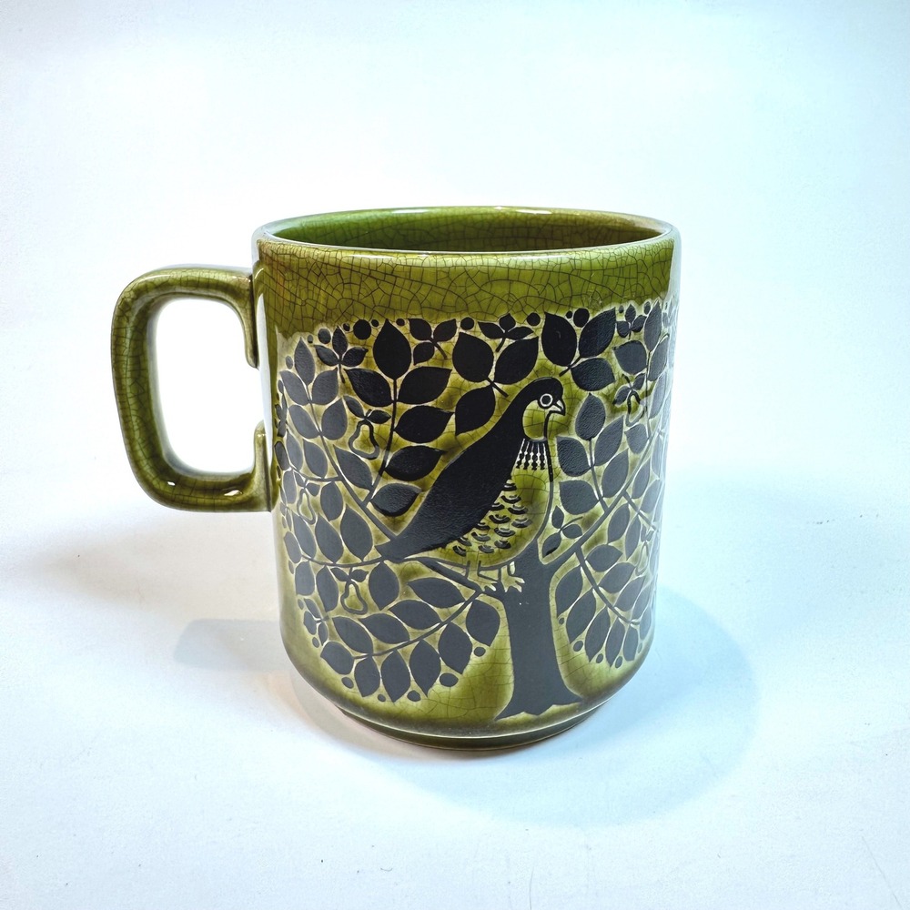 Vintage Hornsea England Mug John Clappison Green Crackle Glaze Bird MCM Pottery